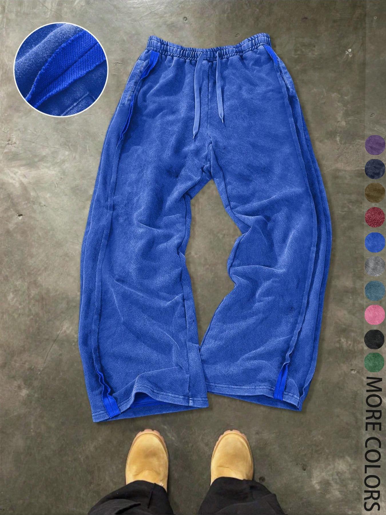 Men's Streetwear Cotton Joggers, Loose Fit Elastic Waist Plain Knit Pants, Washed Fabric with Vintage Details, Casual Fashion for Daily Wear