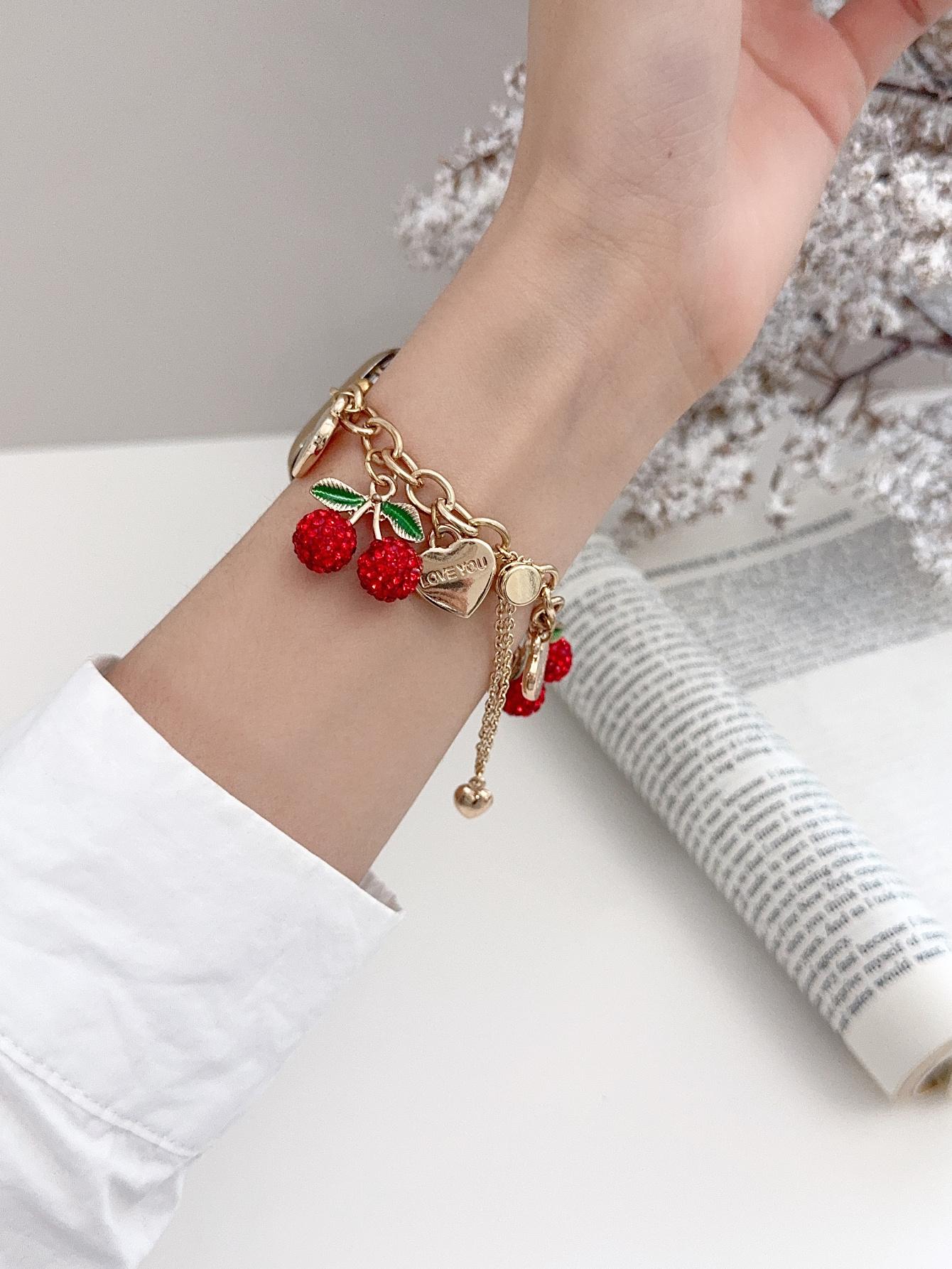 1PC fashionable heart-shaped cherry combination chain Apple Watch bands, Smart Watch Accessories, compatible with Apple Watch 38/40/41/42/44/45/46/49mm, for Ultra/SE/11/10/9/8/7/6/5/4/3/2/1, (watch and case not included), Smartwatch Accessories