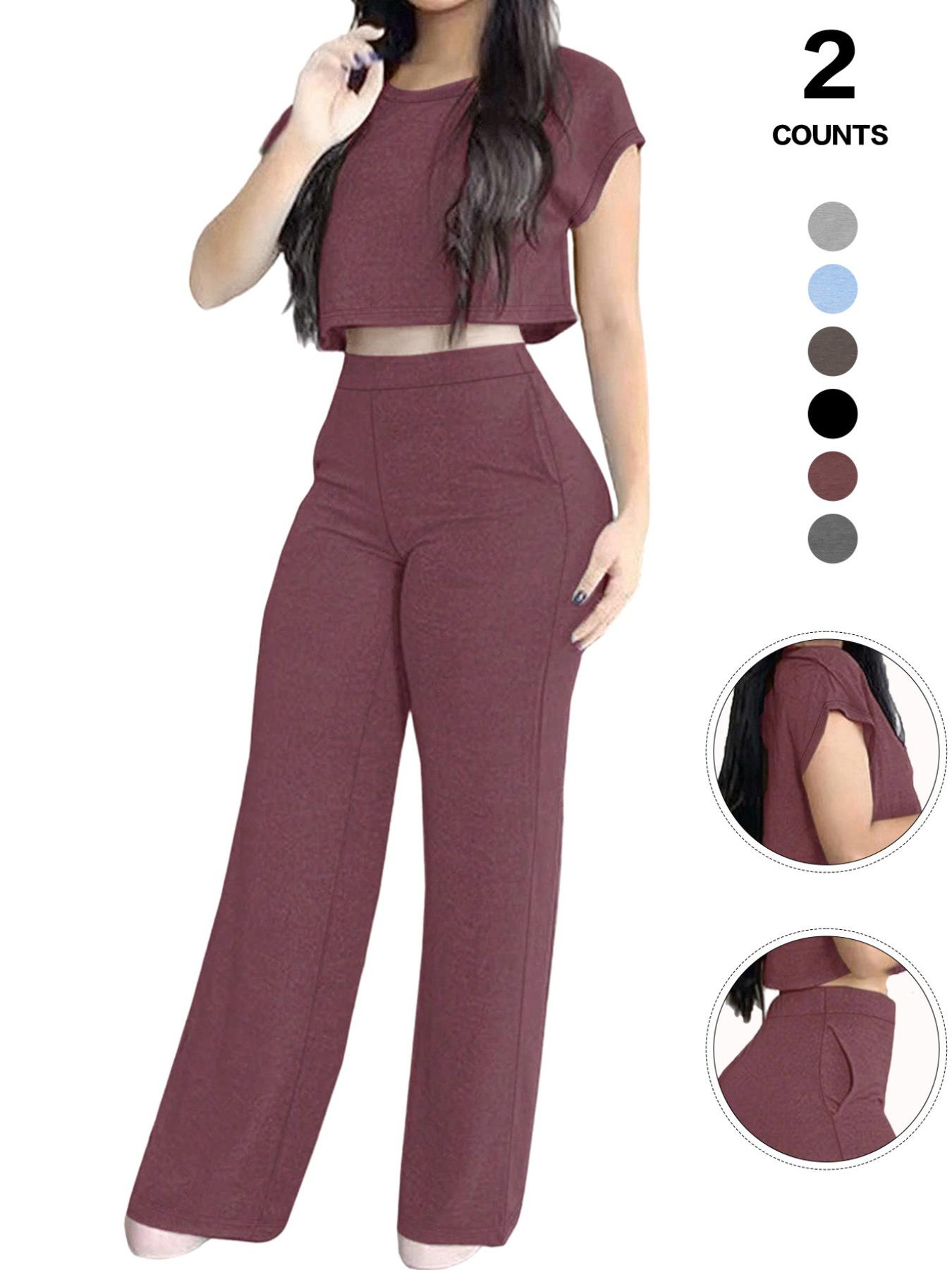 Women's Casual Elegant Solid-Color Suit Set, Short Top & High-Waisted Pants with Pockets, Comfortable Sporty Two-Piece