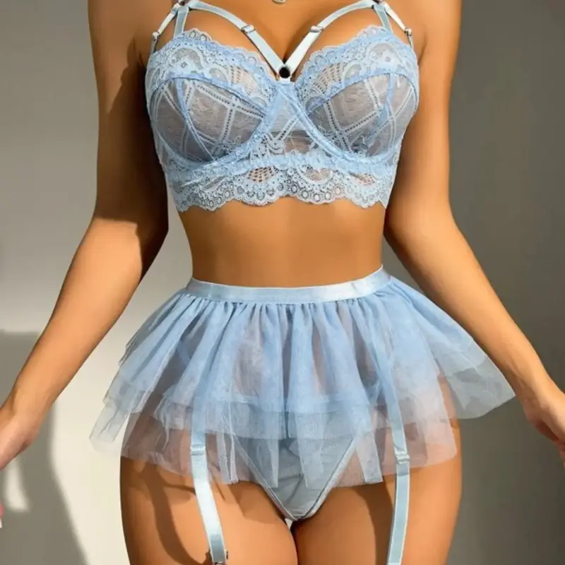 Women's Sexy Bra Set, Valentines Lingerie, 5-Piece Lace Patchwork Semi-Transparent Fabric, Ideal for Dates, Parties, Stage Performances, All Seasons