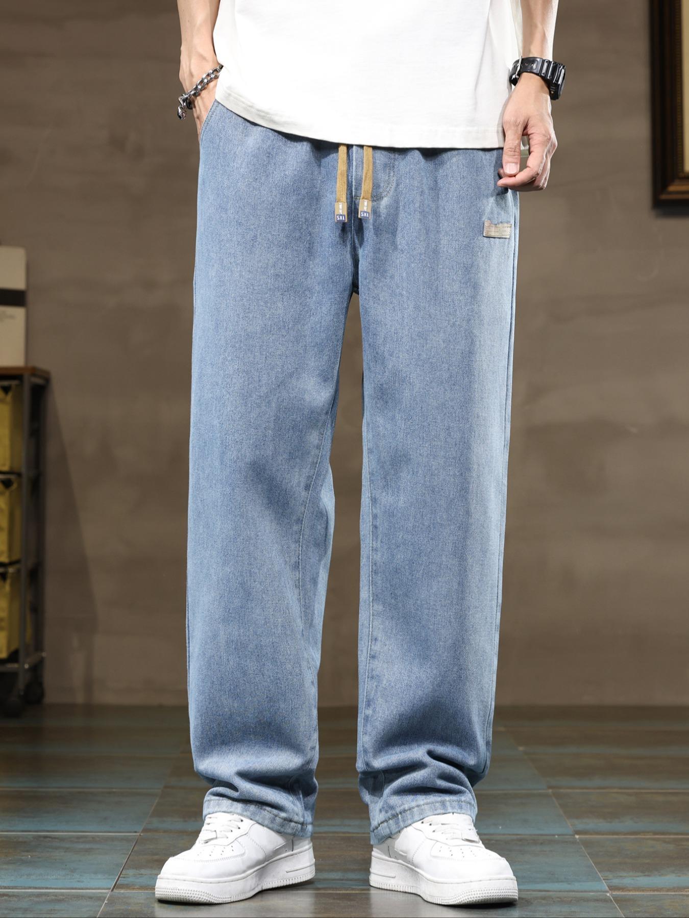 Men's elastic waist straight-leg plus-size jeans, Denim, comfortable and loose street-style bottoms, perfect for daily casual wear, urban street looks, and weekend fashion styles