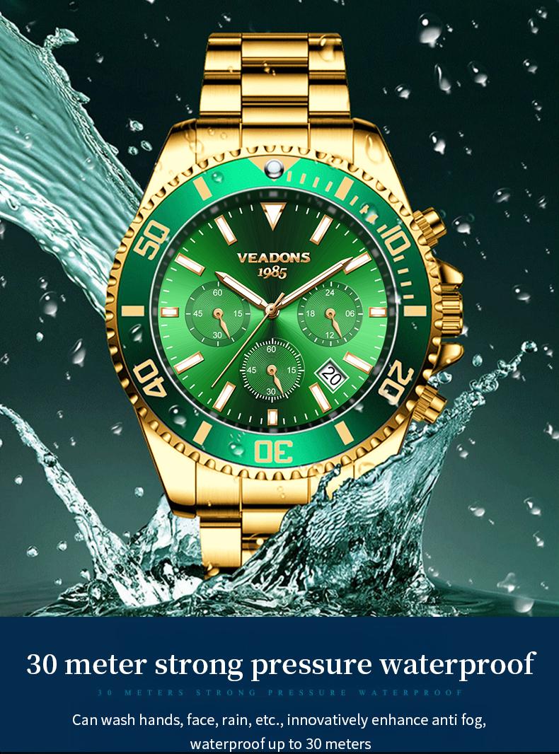 【TikTokShopStockUp】Veadons Men's Luxury Dress Watch, Green Dial, 40mm Stainless Steel Strap, Rotating Quartz Analog, Waterproof Luminous Large Dial Boss Wristwatch summer business