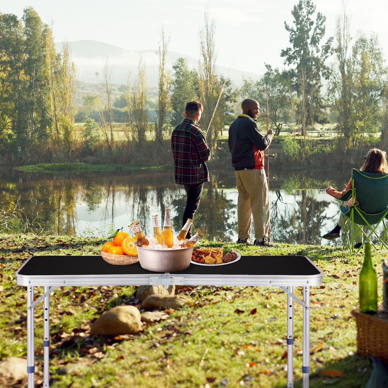 Folding Table 4 Foot Portable Heavy Duty Plastic Fold-in-Half Utility Table Small Indoor Outdoor Adjustable Height Folding with Carrying Handle, Camping and Party, Black