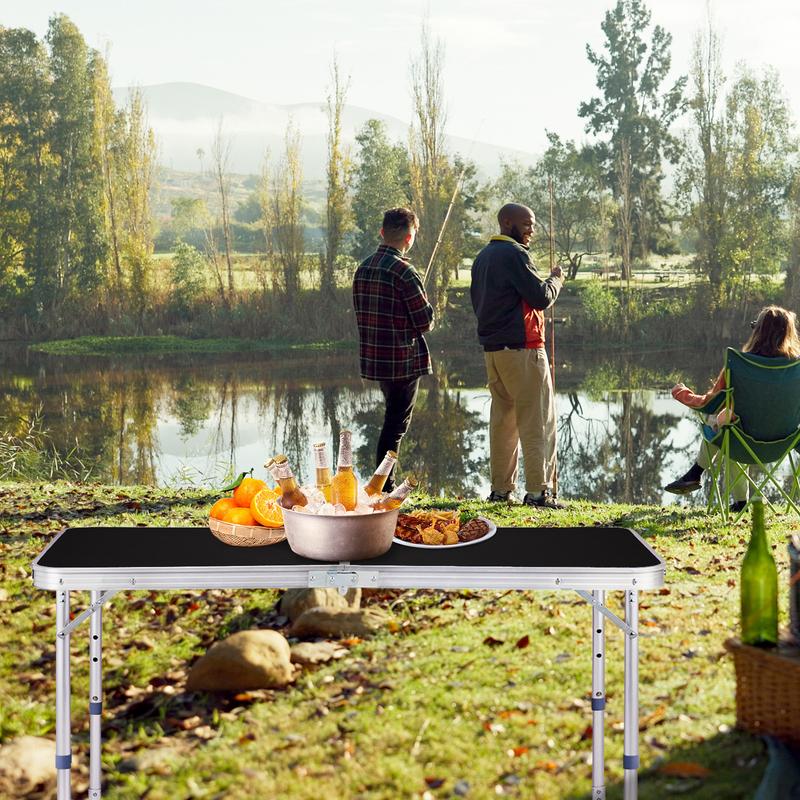 Folding Table 4 Foot Portable Heavy Duty Plastic Fold-in-Half Utility Table Small Indoor Outdoor Adjustable Height Folding with Carrying Handle, Camping and Party, Black