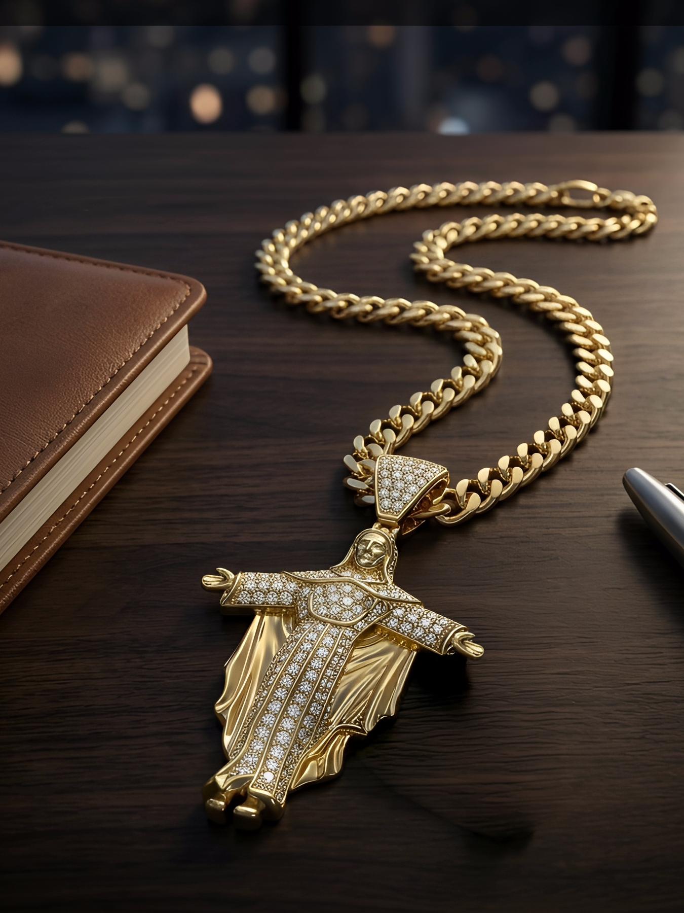 16K Copper Inlaid Zircon New Hip-hop Portrait Cross Pendant Necklace # Jewelry / Stainless Steel Chain / Colorfast / Hypoallergenic / Couple / Festival / Party / Ideal Gift