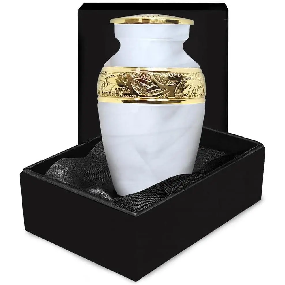 Handcrafted White Small Memorial Urn for Human Ashes with Brass Accent – Mini Keepsake Urn for Men and Women – Remembrance UrnGift