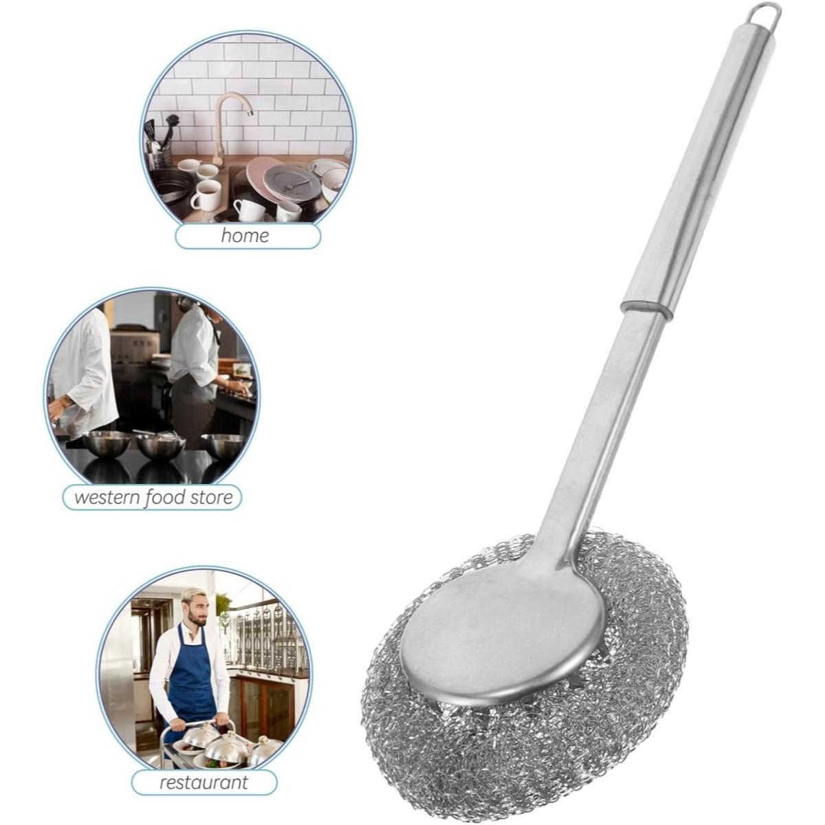 Stainless Steel Pot Brush, Kitchen Specialized Cleaning Tool, Long Handle Dishwasher Safe, Durable Wire Ball Brush, No Threads Shedding