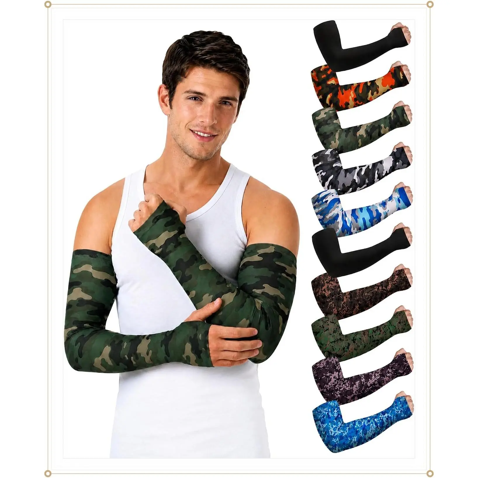 10 Pairs Men's Camo UV Sun Protection Arm Sleeves - Cooling Compression Sport Sleeves with Thumb Holes for Cycling, Running, Fishing, Outdoor SportsGift