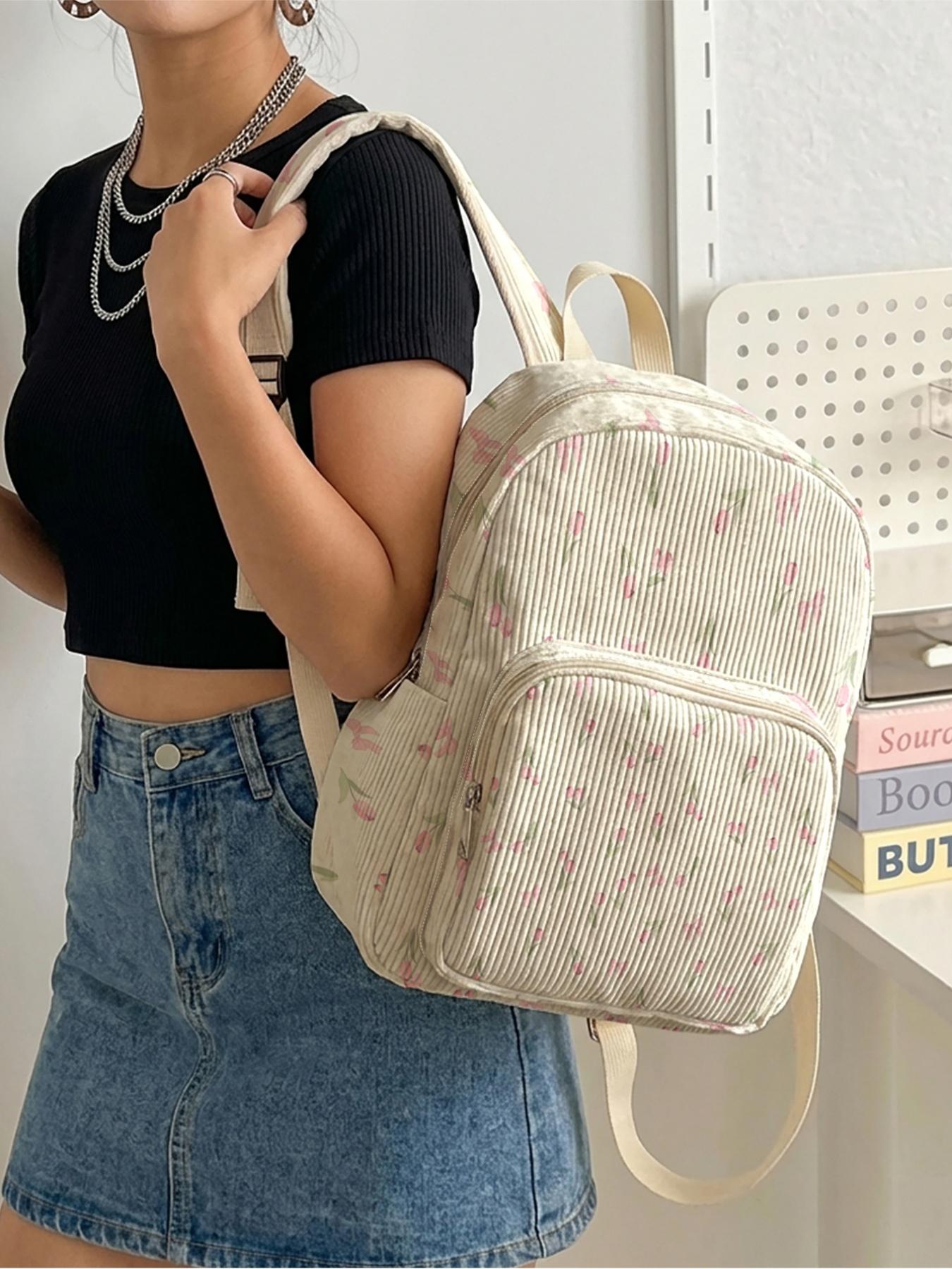 1 piece of 'Pink Tulip Pattern' 2D printed ladies' backpack, corduroy texture + layered storage + light weight reduction | Perfect for students to go to class/shopping/short trips | Combines atmosphere with practicality