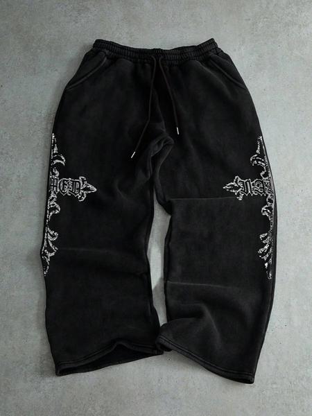 Men's Autumn Cross Print Straight Leg Sports Pants, Drawstring Waist Athleisure, Loose Fit Casual Street Style, All Season Comfortable Wear for Men & Women