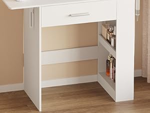 Vabches Vanity Desk with Mirror and Lights, Small Makeup Vanity with Drawer & Lots Storage Shelves, White Vanity Table with Charging Station & Time Display, Vanity Set with Chair, for Bedroom