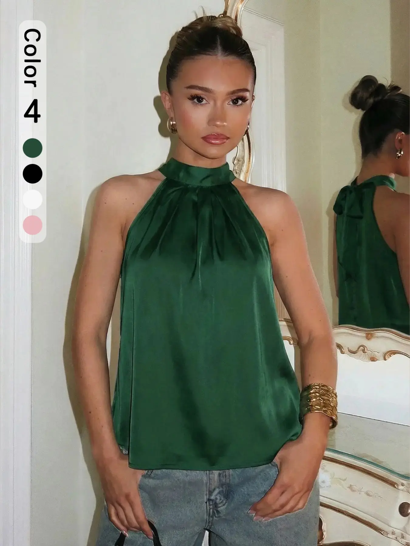 Women's Sexy Backless Sleeveless Loose Basic Top, Tie-Back Satin Backless Top, Casual Backless Design, Smooth Texture, Comfortable Fabric, All Seasons Versatile Casual Elegant Sleeveless Style, Halter Neck