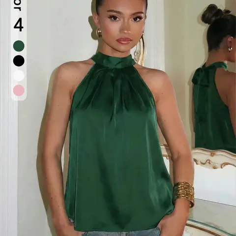 Women's Sexy Backless Sleeveless Loose Basic Top, Tie-Back Satin Backless Top, Casual Backless Design, Smooth Texture, Comfortable Fabric, All Seasons Versatile Casual Elegant Sleeveless Style, Halter Neck