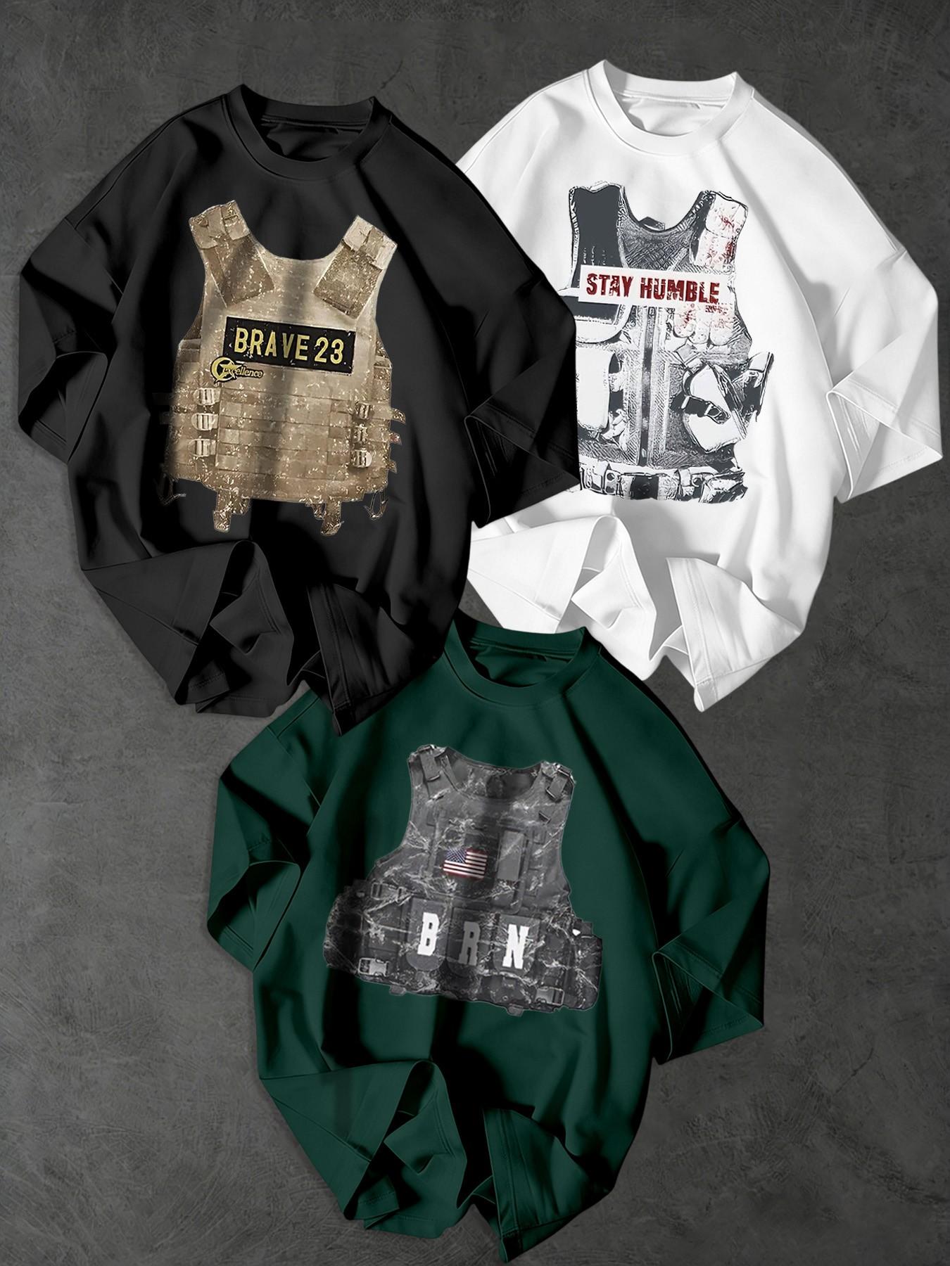 Men's Tactical Bulletproof Vest Print T-Shirt, 3-Pack Loose Short Sleeve, Casual Streetwear, American Style, Trendy