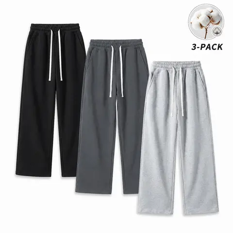 Men's Sweatpants 3-Pack, Heavyweight Cotton Straight-Leg Pants, Loose-Fit Fleece-Lined Long Pants for Autumn/Winter, Warm Fluid-Drape Casual Athletic Bottoms
