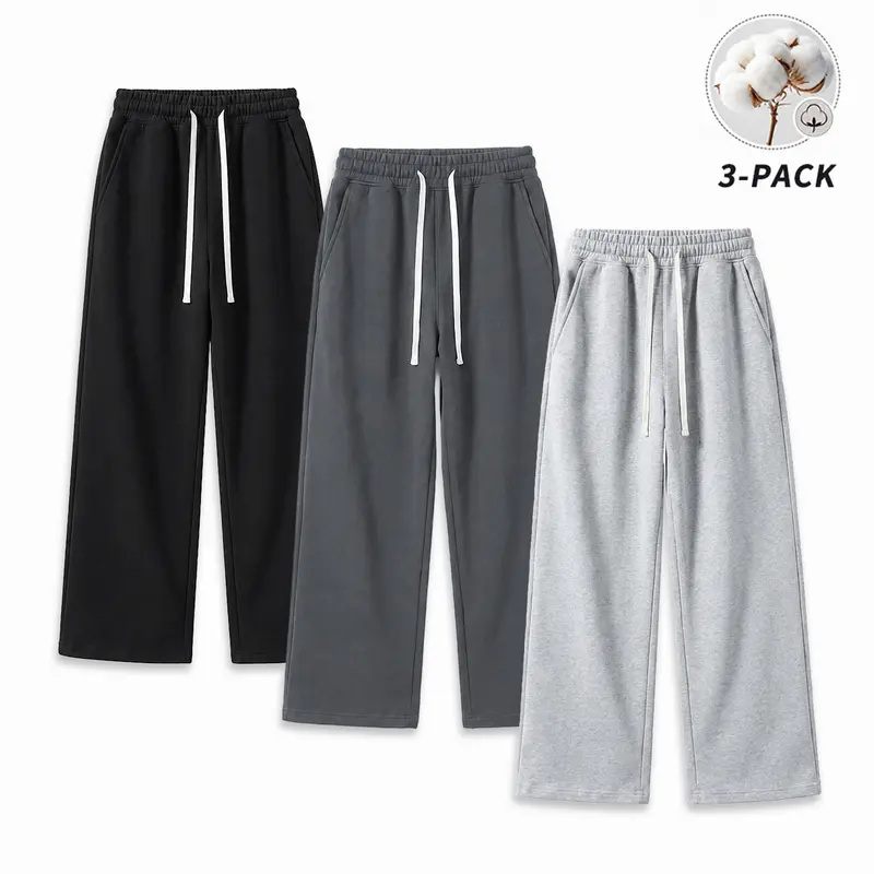 Men's Sweatpants 3-Pack, Heavyweight Cotton Straight-Leg Pants, Loose-Fit Fleece-Lined Long Pants for Autumn/Winter, Warm Fluid-Drape Casual Athletic Bottoms