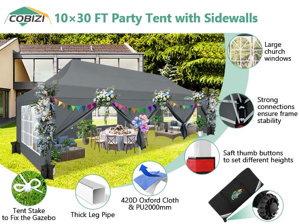 COBIZI 10x30 Pop Up Canopy Tent with 8 Removable Sidewalls Ez Pop Up Party Tent, Waterproof Instant Shelter UPF50+