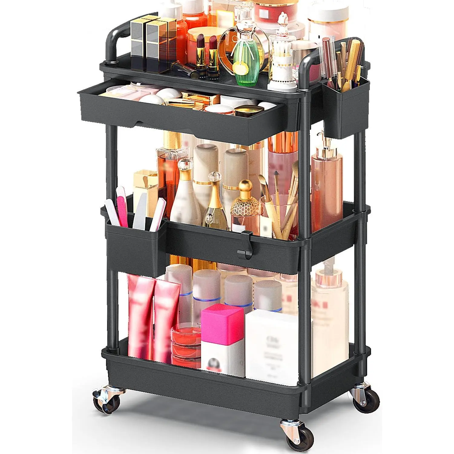 Makeup Cart Organizer with Drawer,3 Tier Rolling Makeup Cart, Black