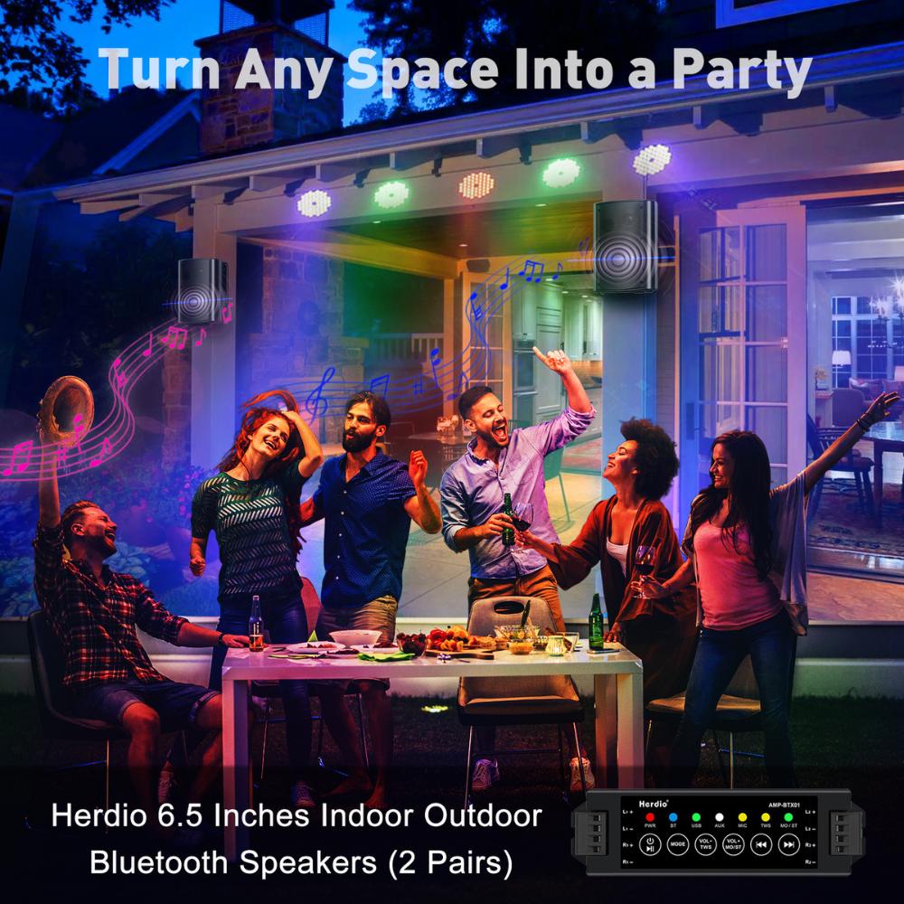 Herdio 6.5-inch Outdoor Wired Speakers with Bluetooth Amplifier Waterproof Wall Mount Sound System for Patio, Deck, Porch (2 Pair Black/White)