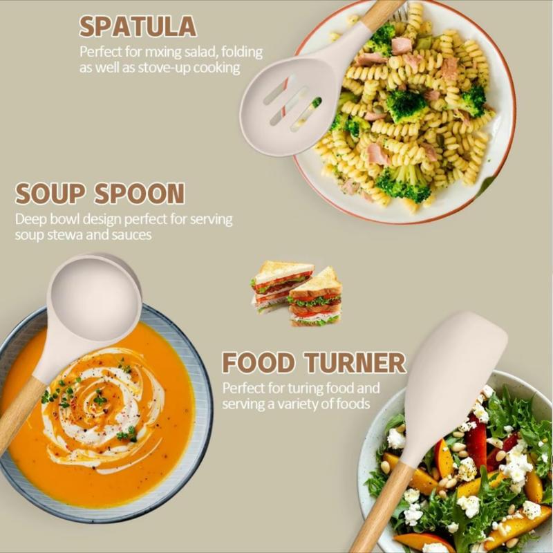 18 Piece High Quality Silicone Kitchenware SetWith Wooden Handle & Knife- Non-Stick CookingTools & Bamboo Storage Container -PerfectKitchen Tools For Easy Cooking & CleaningUtensils White Black Pink