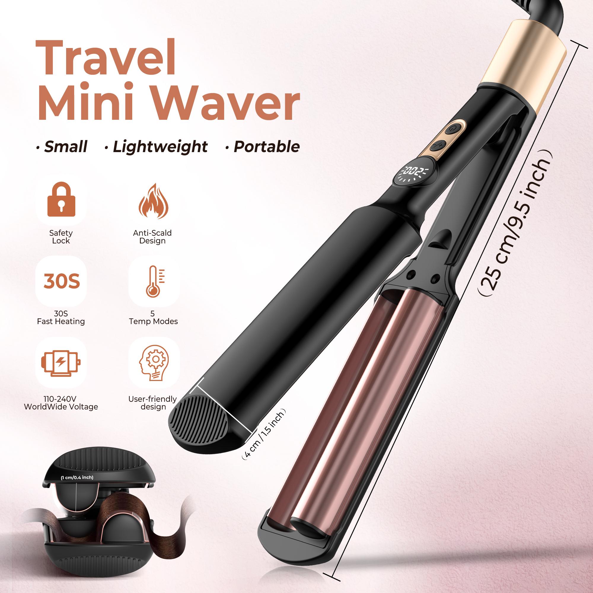 Mini Dual Voltage Curling Iron, Curling Wand & Hair Crimper - 5 Temp Adjustable (250°F-410°F), 30s Fast Heat-Up, Tourmaline Barrel, Anti-Scald Protection, 1.02cm Barrel For Beach Waves & Curls, Includes Heat-Resistant Pouch, Gifts, Heated Curler