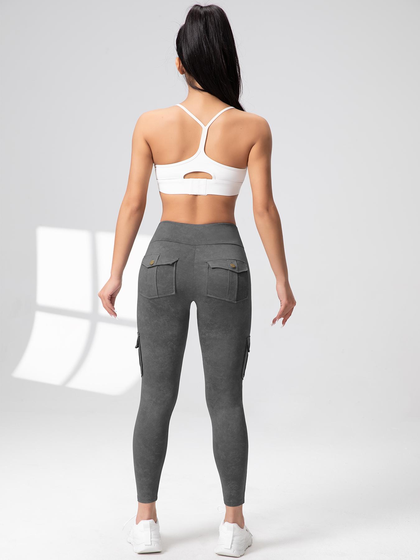 CHRLEISURE 2PCS Cargo Pants Workout Cargo Leggings with Four Pockets For Women Gym Yoga High Waist Leggings