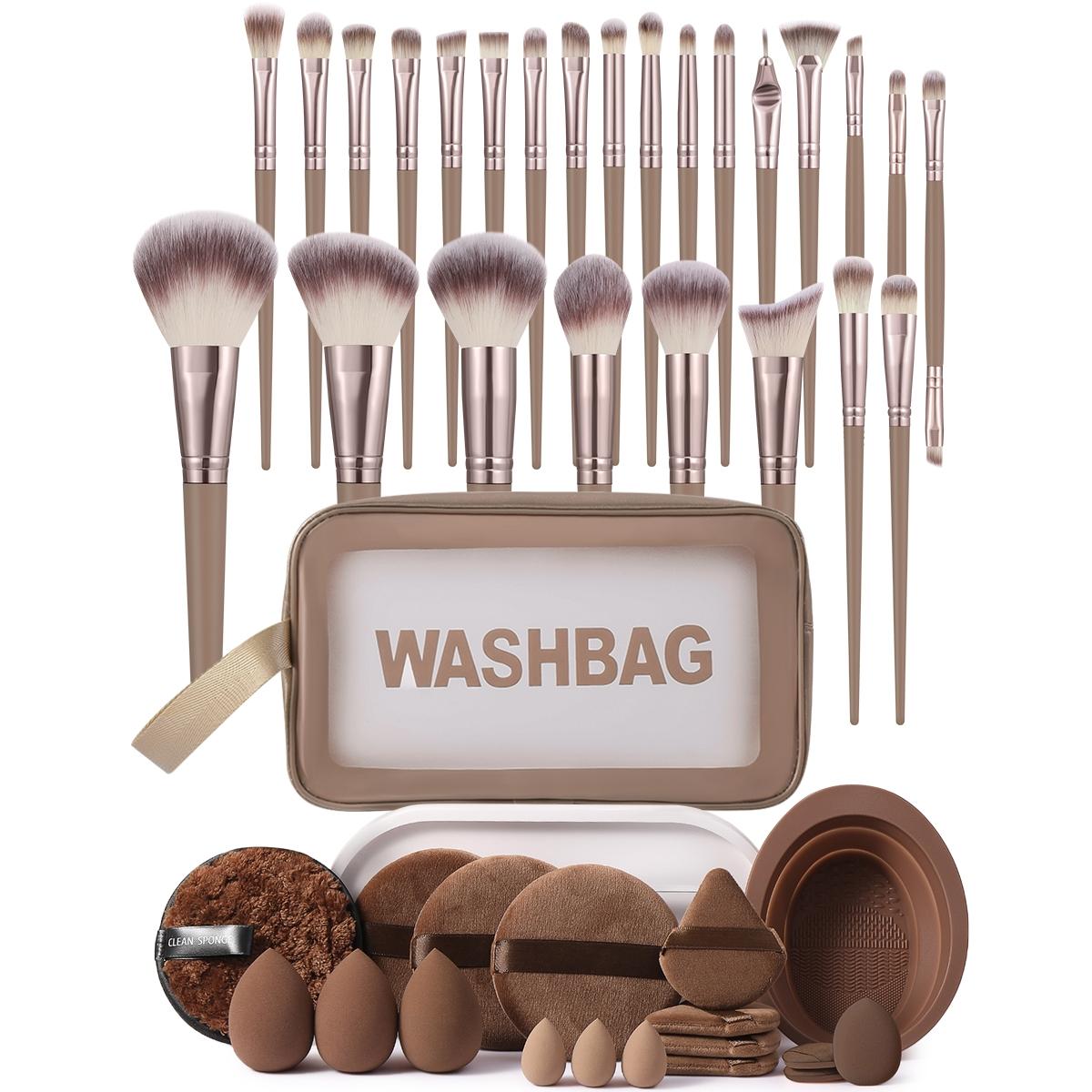 44-Piece Makeup Tool Set, Includes 25 Brushes, Waterproof Cosmetic Bag, Sponges, Puffies, Face Cleanser Sponge, Brush Cleaner