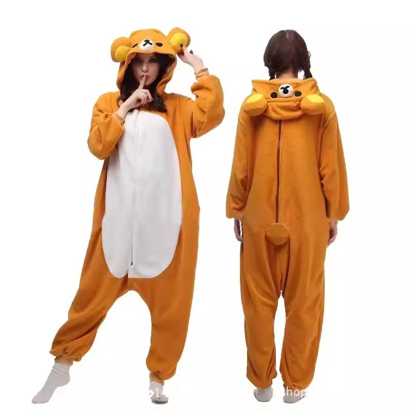 Adult Anime Kawaii Kigurumi Pajama Set - Halloween/Christmas Cartoon Bear Rilakkuma Unicorn Sleepwear with Buttons, Adults' Loungewear, Anime Wear Slippers