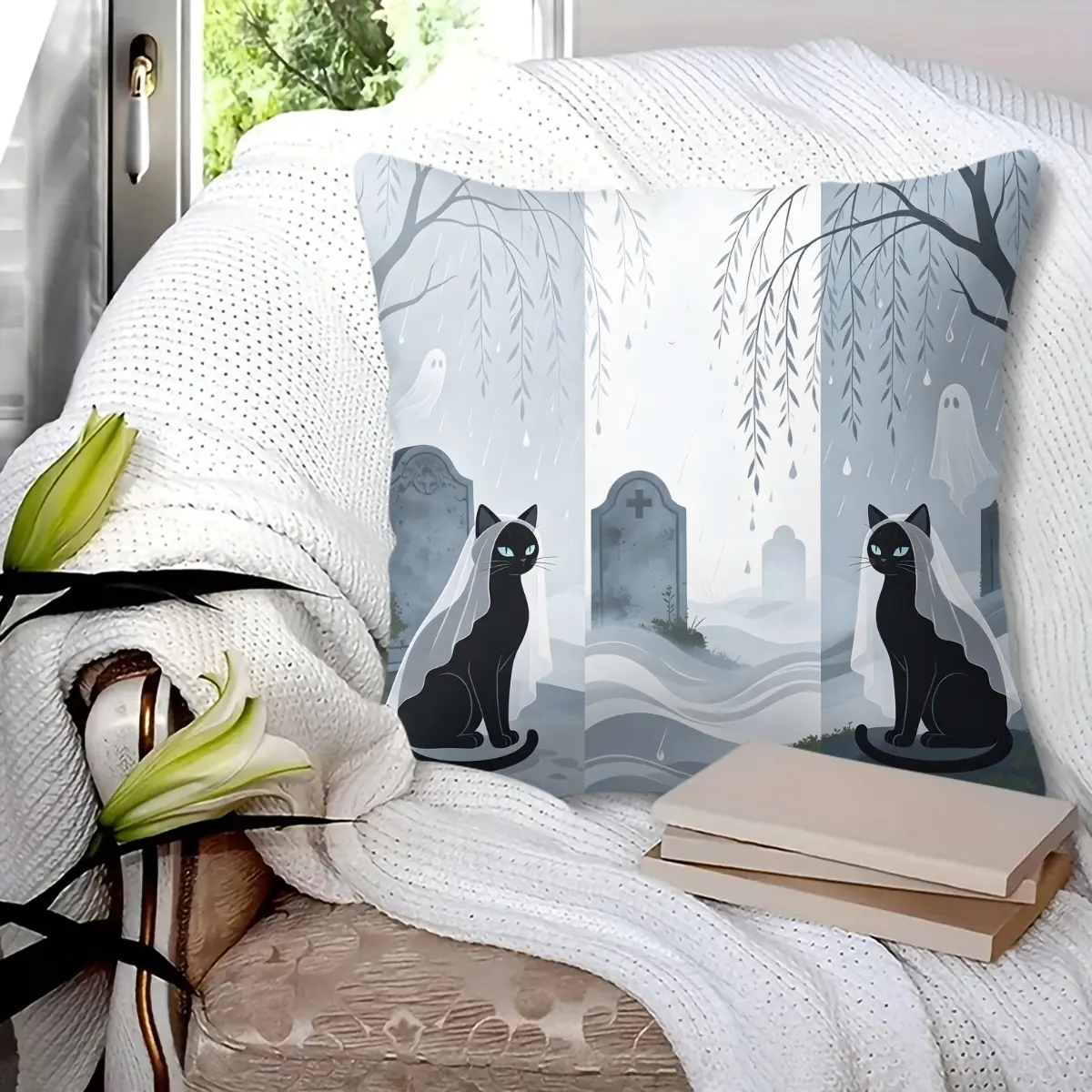 Spooky Halloween Ghost Throw Pillow, featuring bat, bare tree and crescent moon night print, soft durable decorative pillow perfect for sofa, couch, bedroom, living room halloween party decor, comes with pillow insert