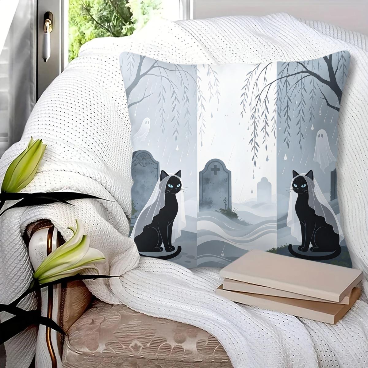Spooky Halloween Ghost Throw Pillow, featuring bat, bare tree and crescent moon night print, soft durable decorative pillow perfect for sofa, couch, bedroom, living room halloween party decor, comes with pillow insert