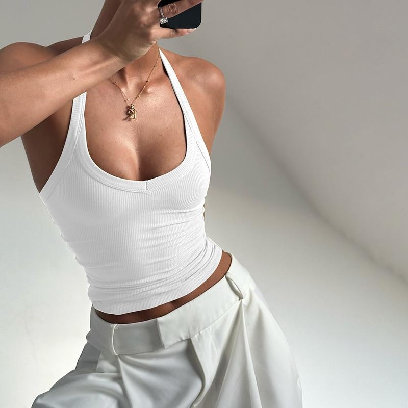 Women's Solid Ribbed Halter Neck Tank Top, Active Top, Casual Sleeveless Top for Daily Wear, Ladies Clothes for All Seasons