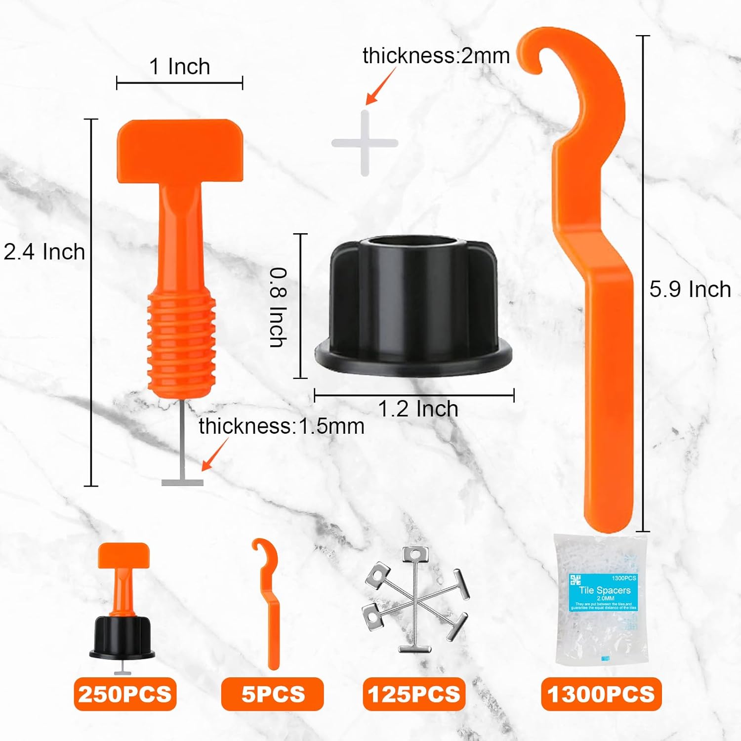 Tile Leveling System Kit, 250 count 1/16'' Levelers, 1300 count Spacer Clips and 125 Steel Wedges and 5 Wrenches,  Tile Spacers Leveling System for Walls & Floors Installation