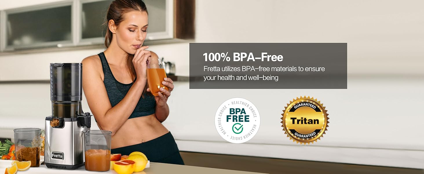 FRETTA cold pressed juicer with 5.3" Feed Chute, Slow Masticator Chute, For Whole Vegetables and Fruits, High Yield, Easy to Clean Springtok Steel