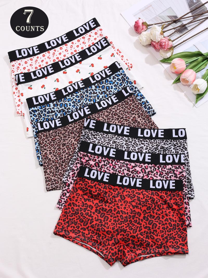 Women's Leopard & Cherry & Lip Print Boyshorts, Soft Comfy Breathable Panty for Daily Wear, Underwear for All Seasons, Casual Breathable Knicker