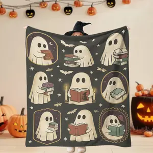 1Pc Halloween Ghost And Book Pattern Blanket, Soft And Warm, Suitable For All Seasons For Sofa, Bedding, Camping, Travel, And Office Decor - A Cozy Autumn Home Gift, Perfect For Thanksgiving, Halloween, And Christmas, Gift Blanket