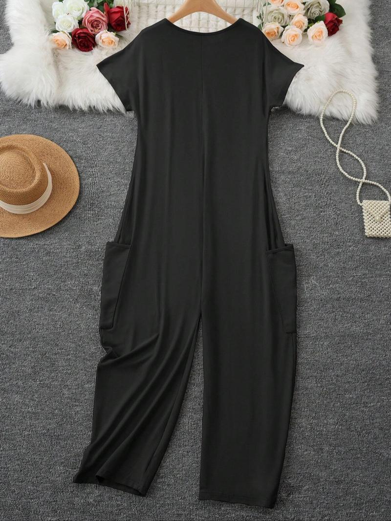 Women's Casual Jumpsuit, Short Sleeve V-Neck Design, Loose Fit Wide-Leg Romper, All Season Wear, Plain Pattern, with Pockets