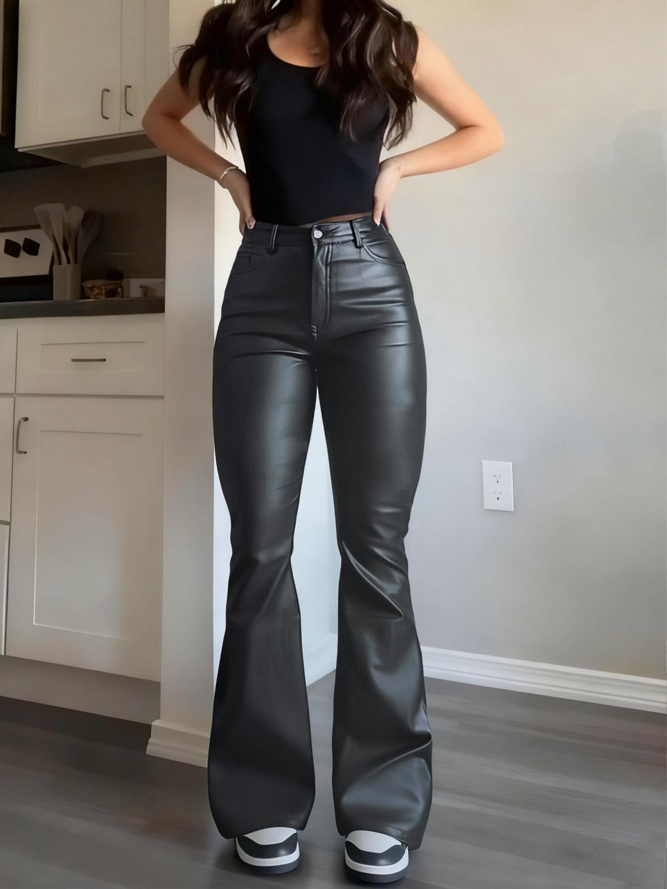 GILIPUR Y2K High Waist Coating Flare Leg Pants,Casual Lounge Pants Comfy Plain Button Pocket Trousers,Women's Ladies Bottoms For All Seasons Fall & Winter Clothes,Stretchy Coating  Flared Leg Pants,T-Chic