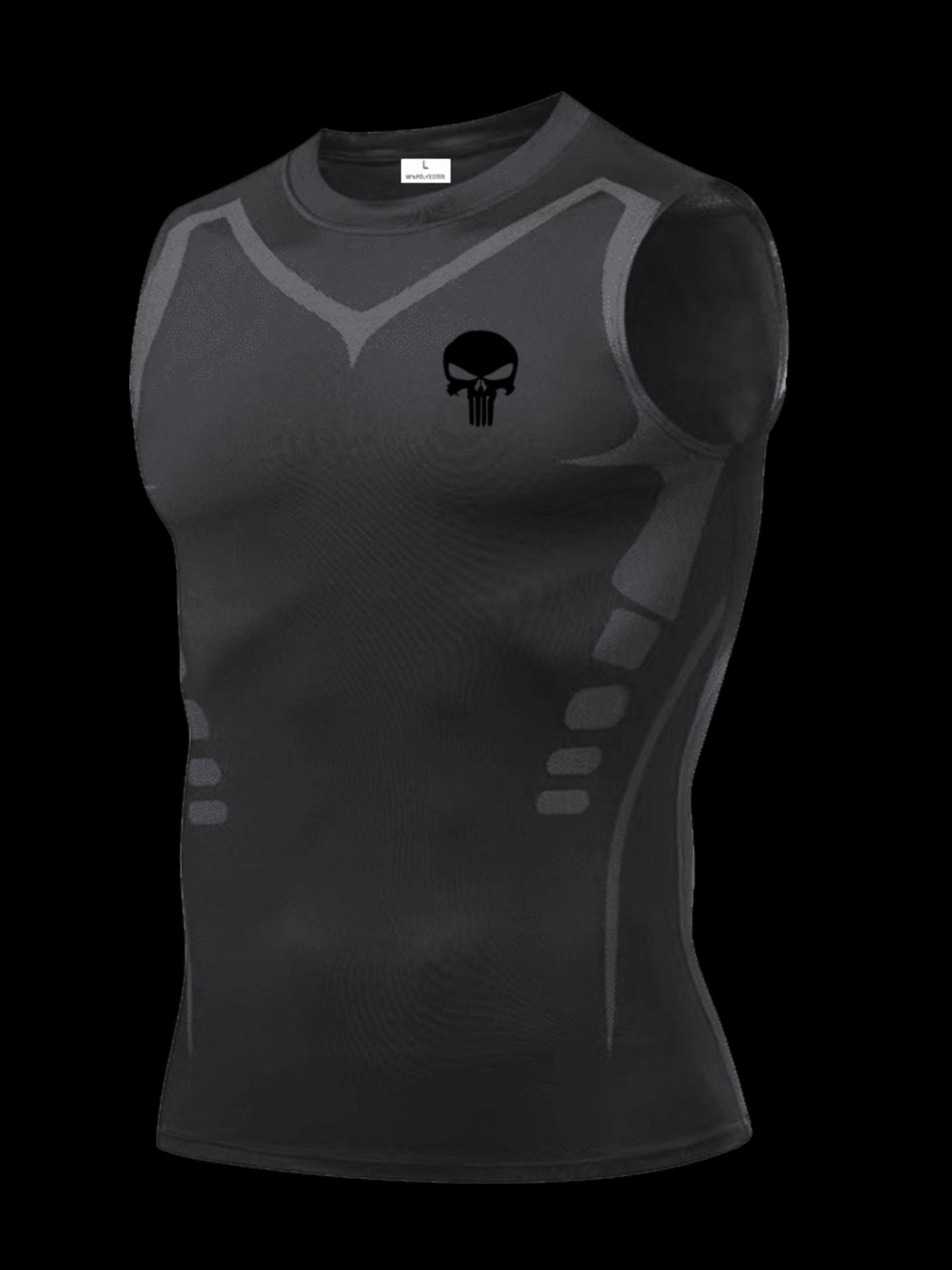 Men's Short Sleeve Sporty Tee, Quick-Dry Breathable Skull Print, High Elasticity, Lightweight, Ideal for Gym, Running, Boxing, Casual Wear