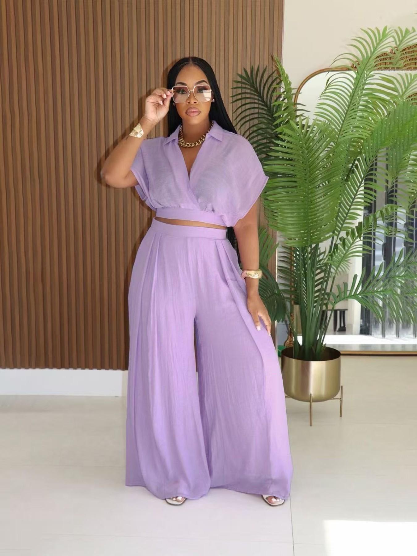 Women's Casual Vacation Chic Style Loose Collared Vneck Short Top and High Waist Wide Leg Pants Set, Comfortable and Stylish for Relaxing Days