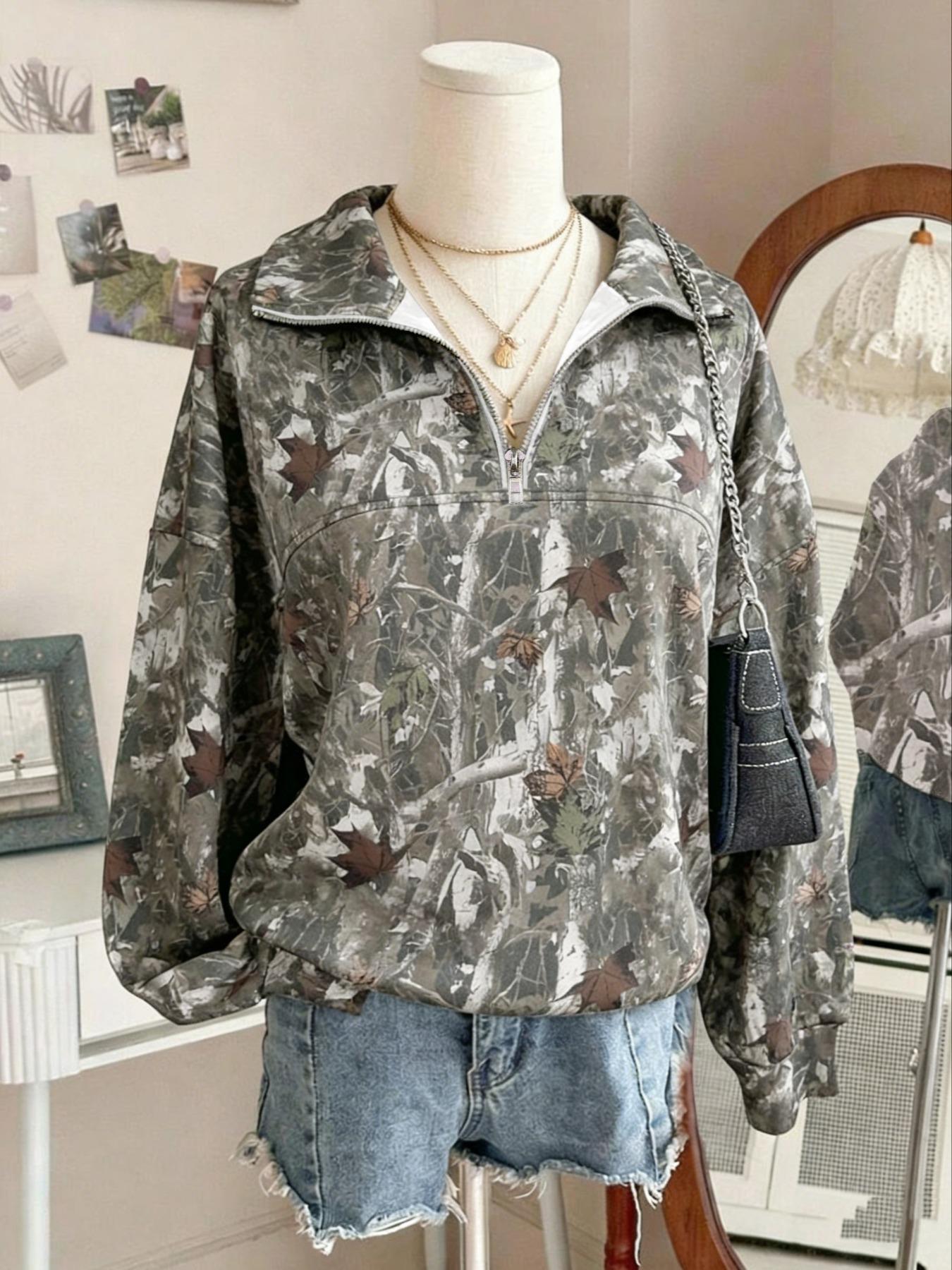 Women's Hooded Half-Zip Casual Round Neck Sport Top, Full Print Leaf Pattern, Digital Printing, Loose Fit, Fall & Winter, Camo Sweatshirt
