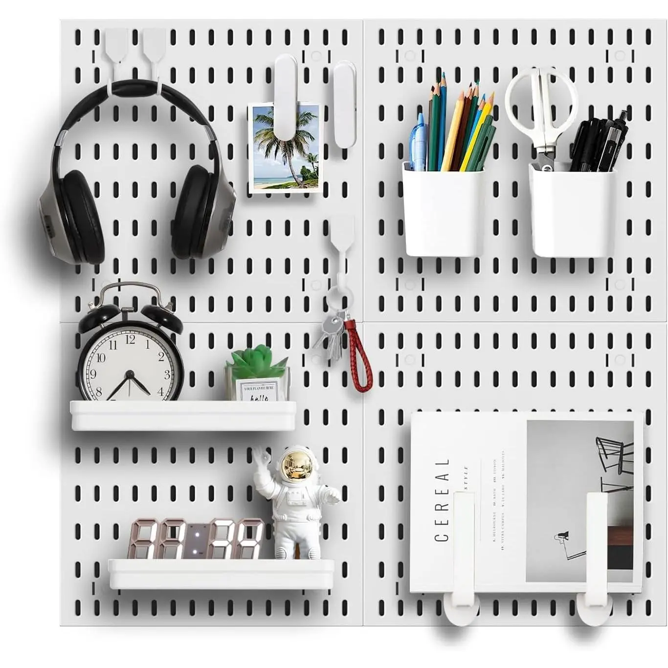 Pegboard Wall Organizer Kit, Modular Storage System, White | 4 Modular 11.8" Pegboards with Hooks & Storage Baskets, Durable ABS/ for Gaming, Office, Craft &  Organization