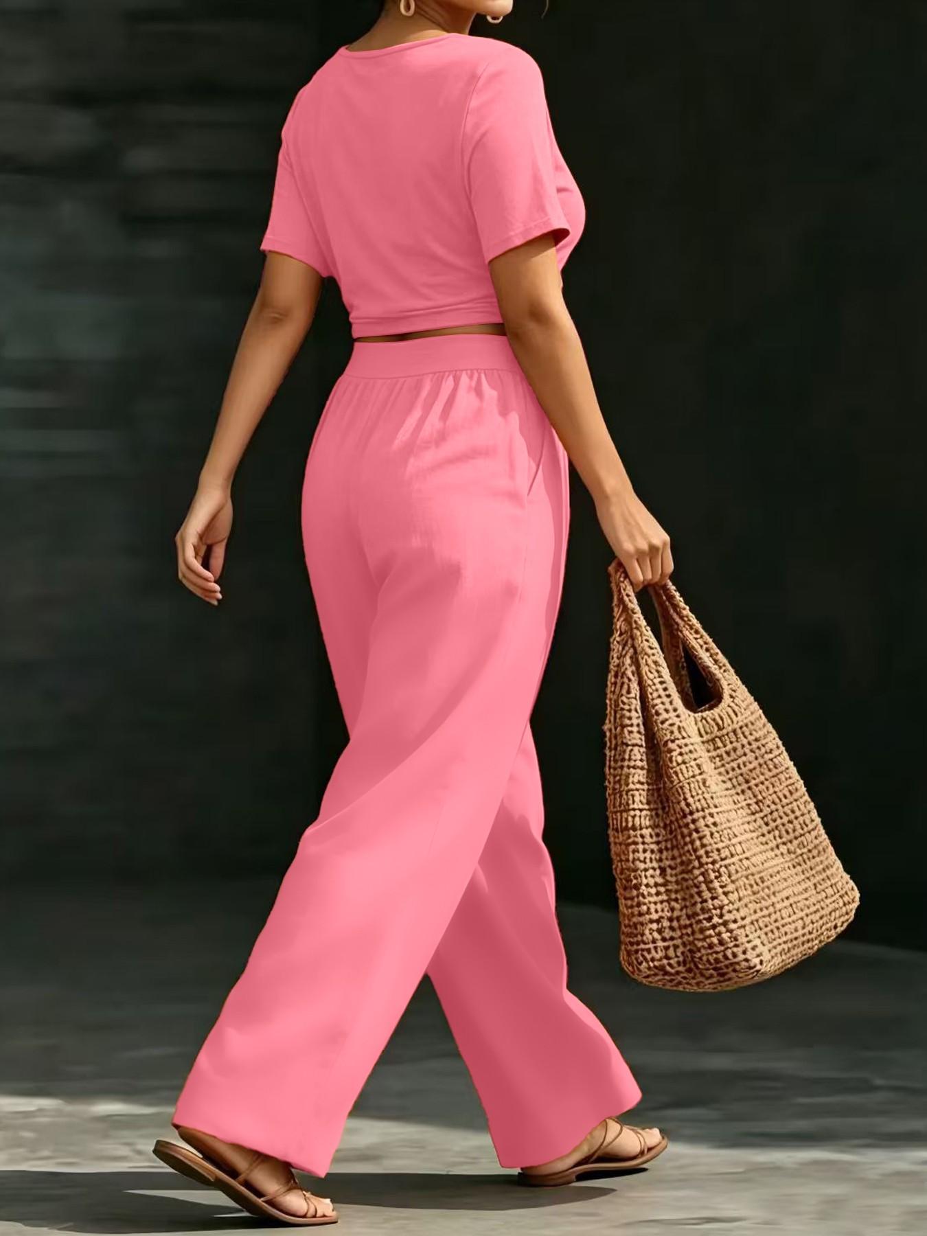 Plus Size Women's 8 Color Options, Casual Solid Shorts U-Neck Top + Loose Wide Leg Pants Set, Fit, Lazy Style, Daily Wear, Vacation, Home Essentials, Clothes