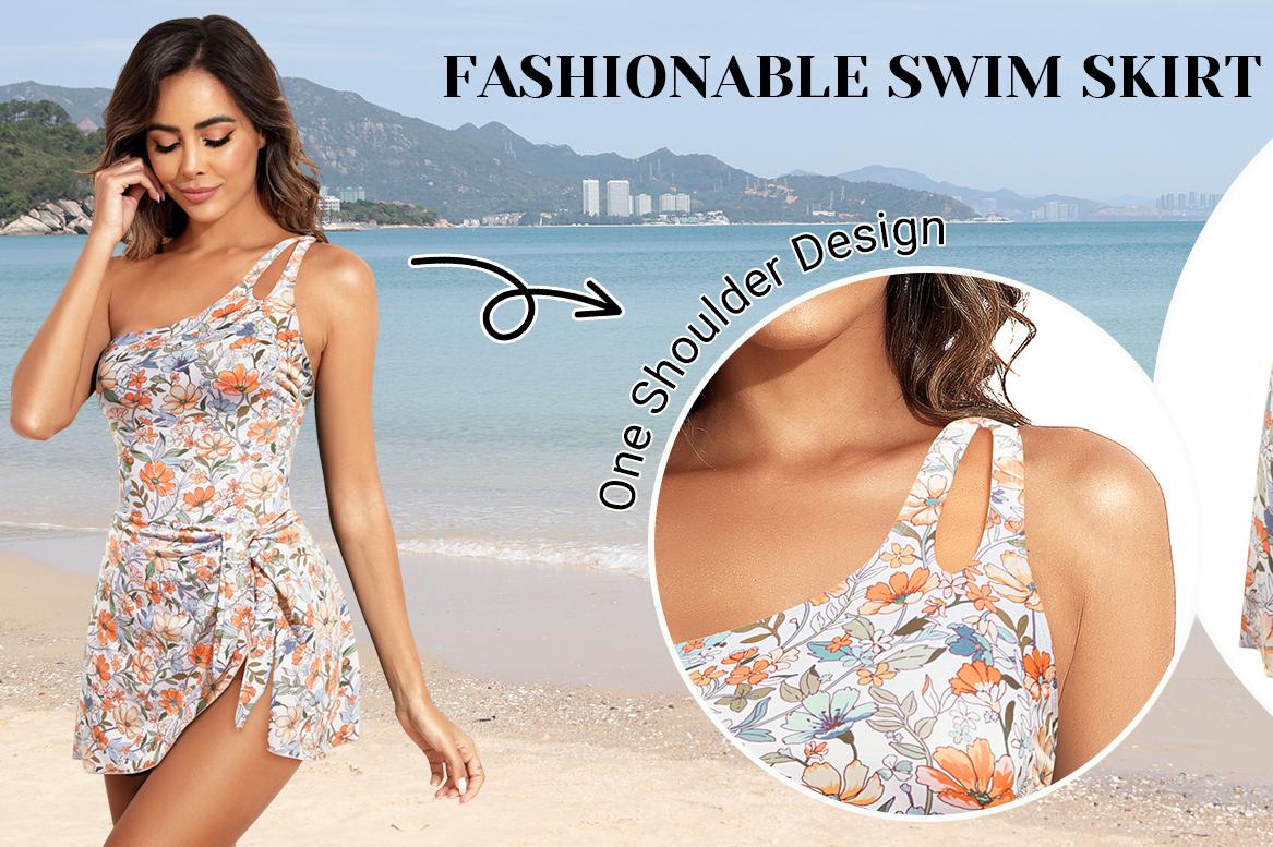 Daci One Piece Swim Dress - Women One Shoulder Tummy Control Swimsuit with Skirt Skirted Bathing Suit Swimdress