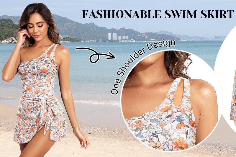 Daci One Piece Swim Dress - Women One Shoulder Tummy Control Swimsuit with Skirt Skirted Bathing Suit Swimdress