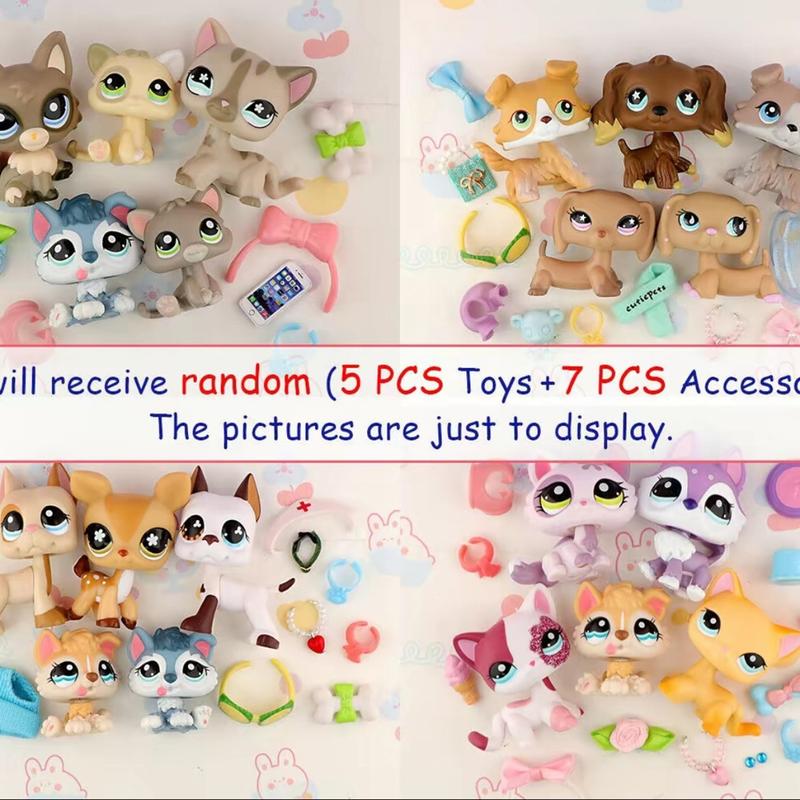 5PCS Random Miniature Cat and Dog Figures and Random 7pcs Accessories for LPS Collection Collectible Soft Animal Cute Animal Design