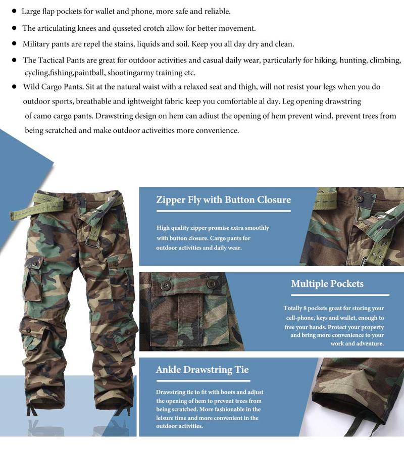 AKARMY Men's Casual Cargo Pants Military Army Camo Pants Combat Work Pants with 8 Pockets Hiking 3355-07 (No Belt) Fathersdaygift Tactical Uniform AKARMY Men's Casual Cargo Pants Military Army Camo Pants Combat Work Pants with 8 Pockets Hiking 3355-07 (No Belt) Fathersdaygift Tactical Uniform