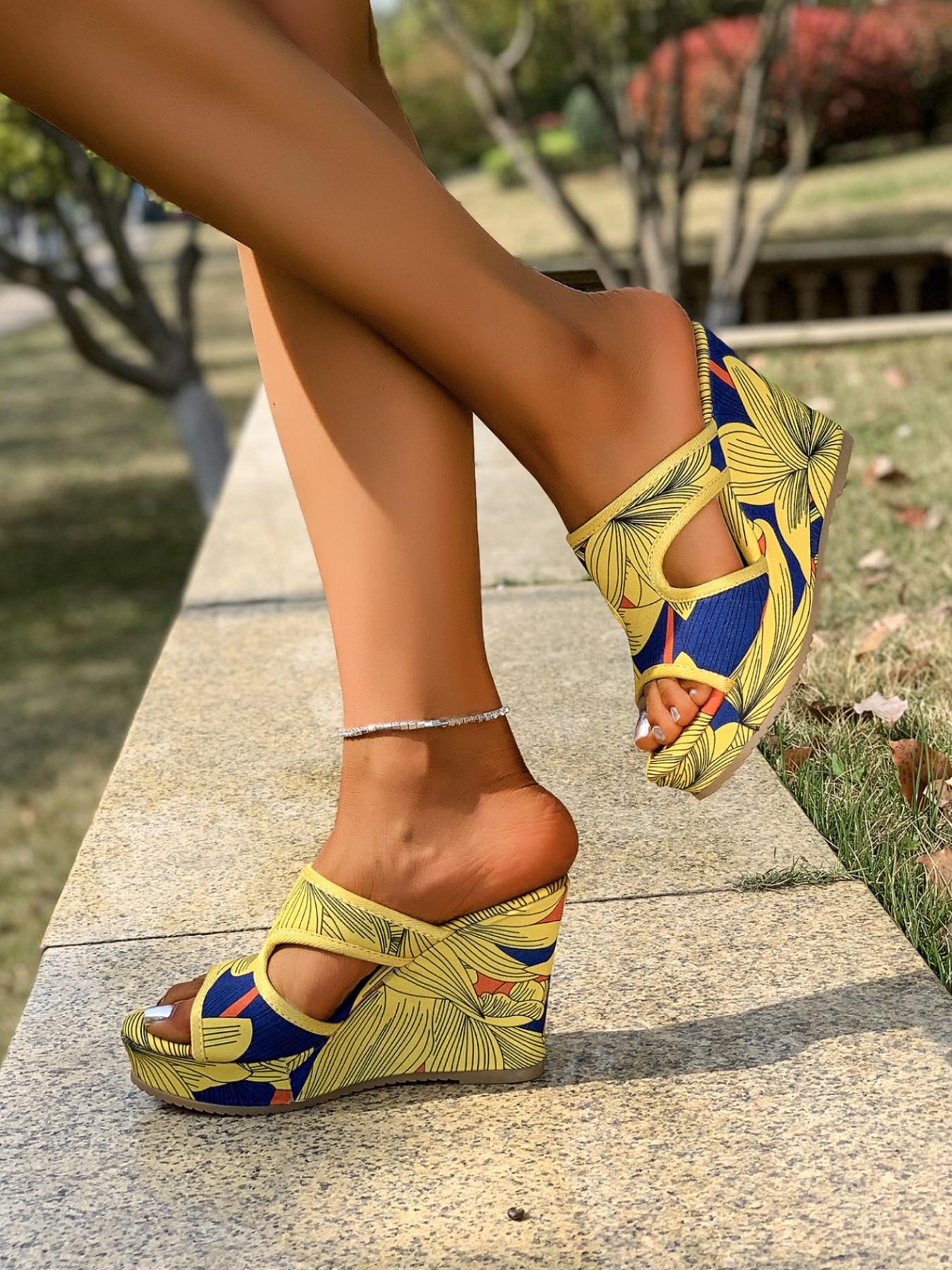 Summer 2026 New Fish Mouth Thick Sole Wedge Sandals, Hollow Out Print Slip-On Big Size Cool Slippers, Sexy Heeled High-Heel Shoes