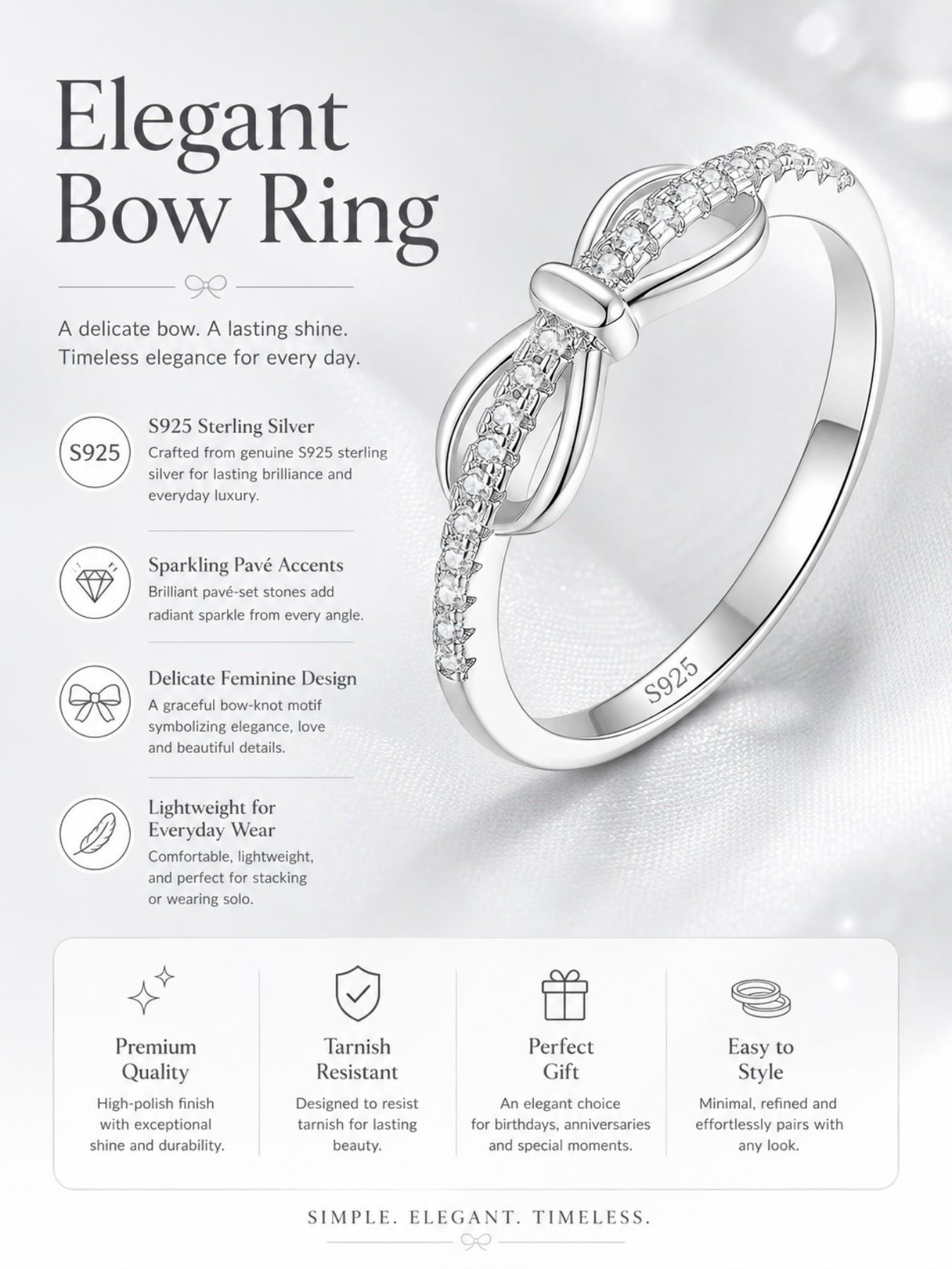 S925 Sterling Silver Elegant Bow Ring inlaid with D-color lab-grown moissanite, ideal gifts for birthdays, wedding anniversaries and Christmas