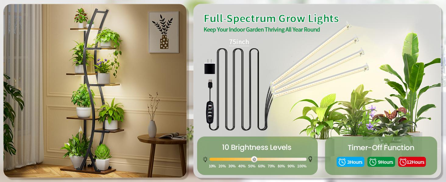 7-Tiered Decorative Plant Stand with Adjustable Grow Lights and Paint Finish - 62" Tall Metal Flower Display Shelf, Curved Design Pot Organizer Set for Living Room, Patio, Balcony Decoration, Standing Rack with Wall Strap for Indoor & Outdoors