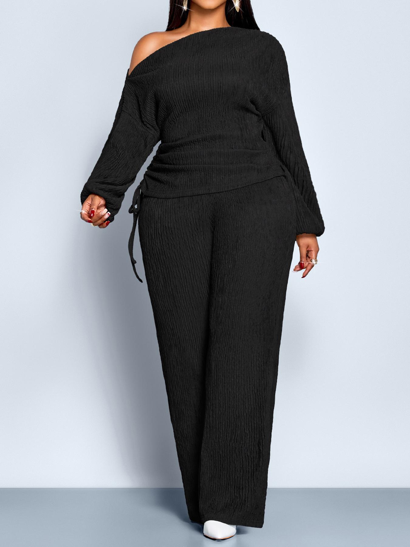 Women's Elegant Two-Piece Set, Fall & Winter Casual, Long Sleeve Drawstring Top & High Waist Wide Leg Pants, Plus Size